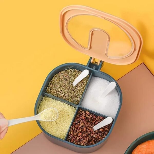 4-Compartment Spice Jar with Spoon & Flip Lid