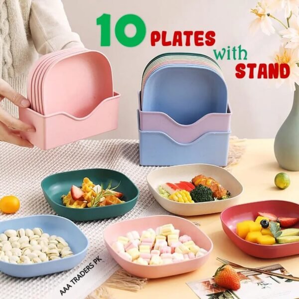 10-Piece Premium Plastic Plate Set with Storage Stand