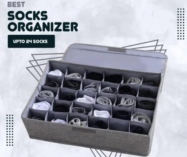 24-Grid Fabric Socks Organizer Box with Lid (Holds Up to 24 Pairs)